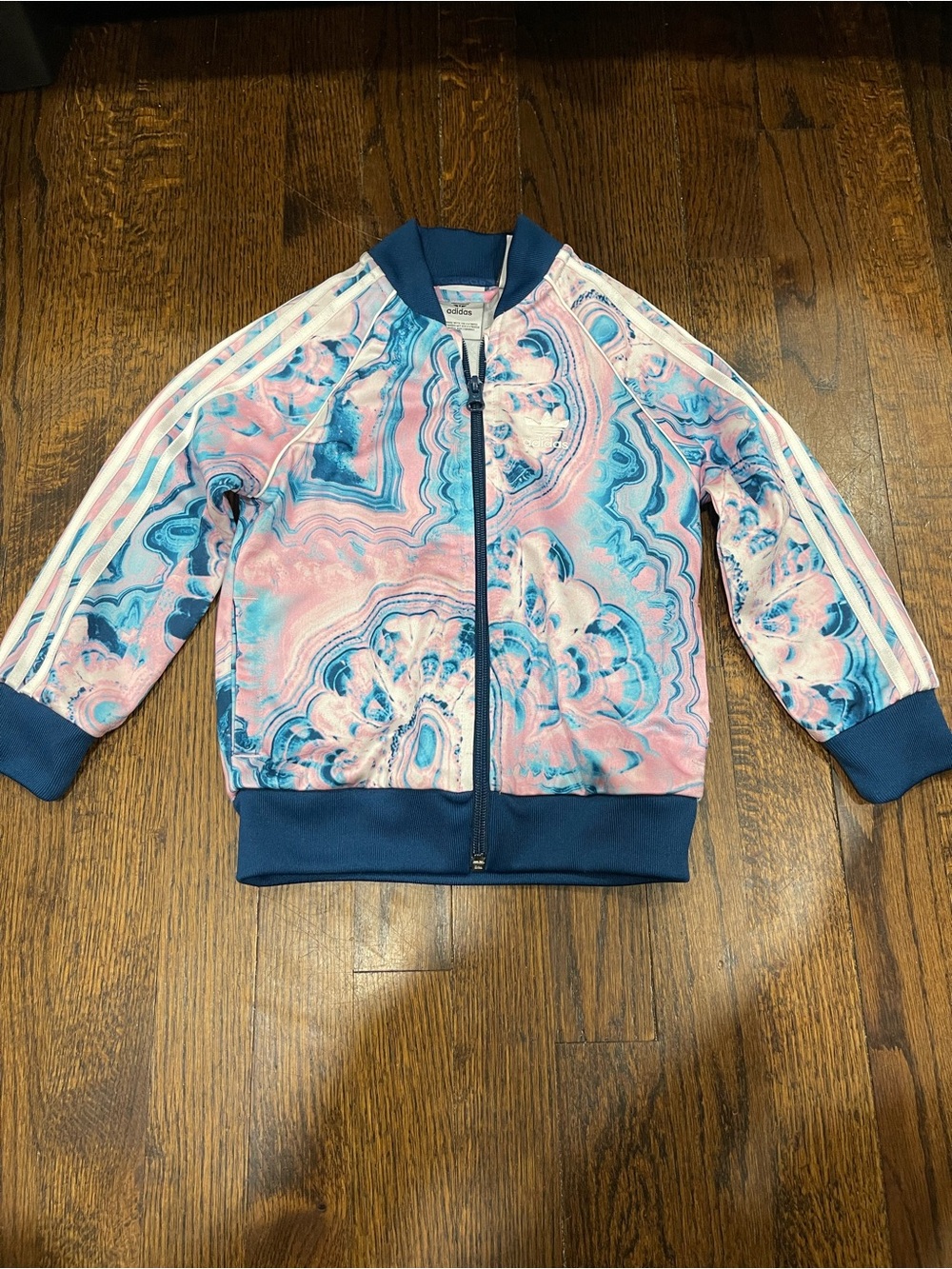 adidas girls Marble-Print Zip Jacket in Pink & Blue size 4T